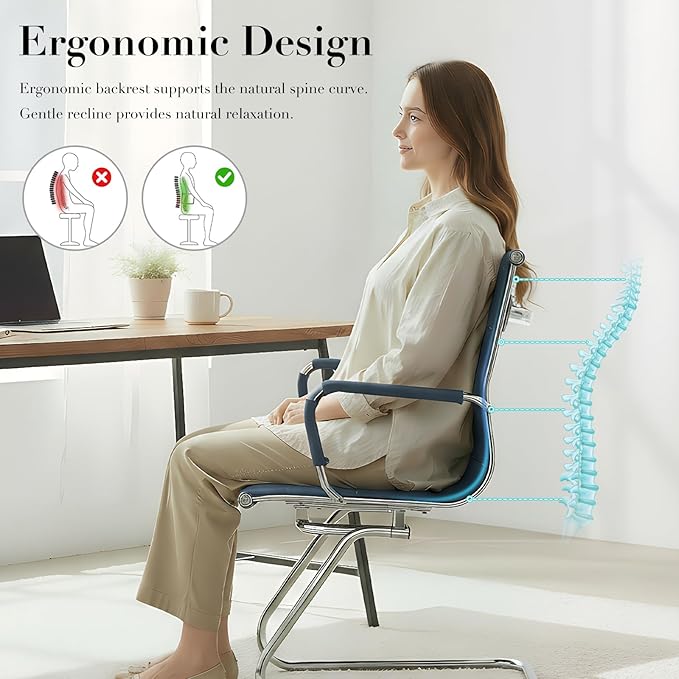 CIMOTA Waiting Room Chairs Leather Office Guest Chair Mid Back Reception Chairs with Sled Base for Meeting/Patient/Conference Room, Navy Set of 8