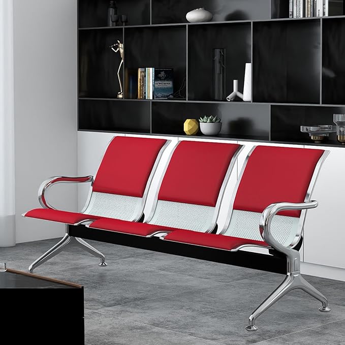 Kinfant 3-Seat PU Leather Waiting Room Bench – Red Reception Chair for Office, Hospital, Bank, Salon, Airport