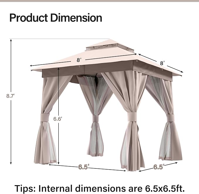 8'x8' Outdoor Gazebo, Metal Frame Heavy Duty Patio Canopy Tent Shelter - Image 2