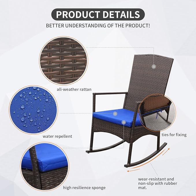 Outdoor PE Wicker Rocking Chair 3-Piece Patio Rattan Bistro Set 2 Rocker - Image 4