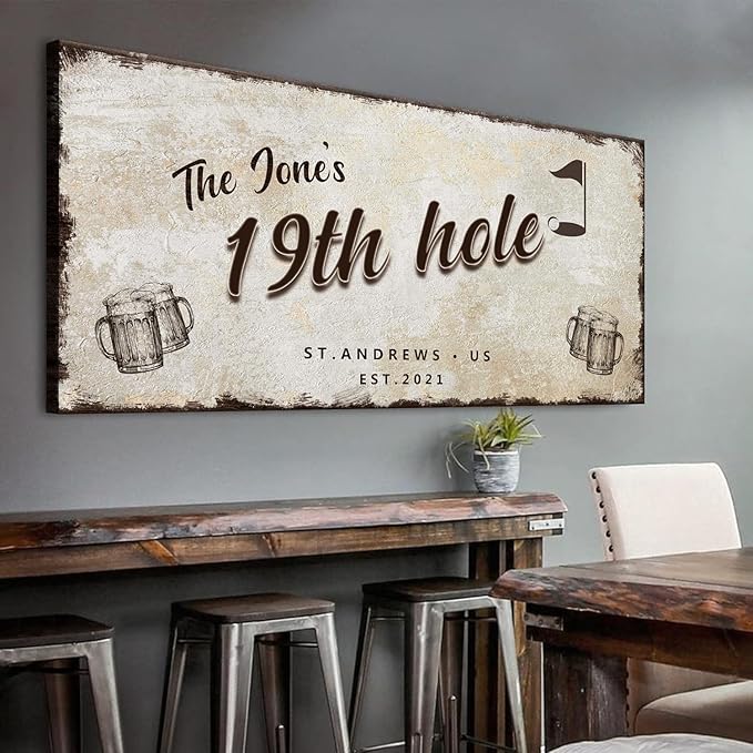 TAILORED CANVASES Golf Art Decor - Personalized Vintage Golf Wall Art Sign for Man Cave, Bedroom, Basement, Home Bar and Custom Gift for Husband, Dad, Wedding & Anniversary - 19th Hole Sign, 60"x30"