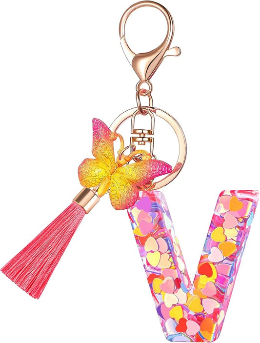 Suweibuke Colourful Cute Initial Letter Keychains for Women Girls with Tassel Butterfly, Charm for Purse Handbags Backpacks
