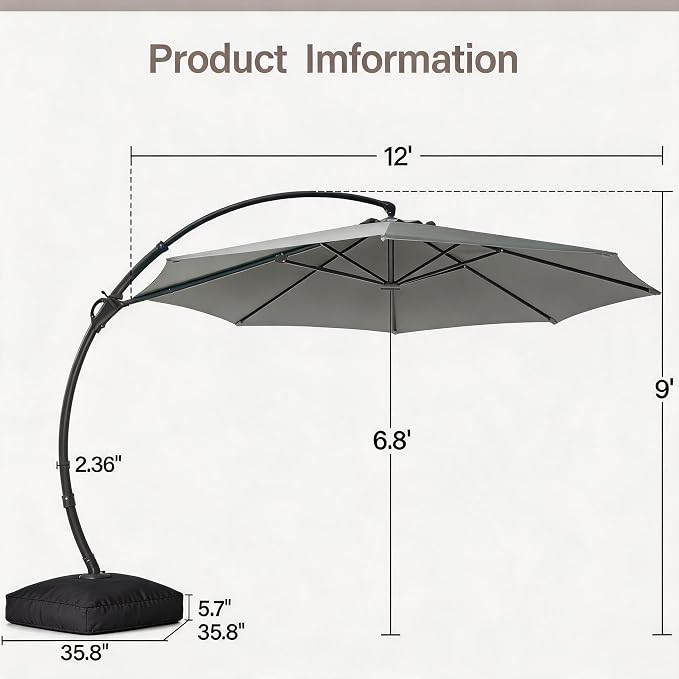 Outdoor Patio Umbrella with Base included, 12 FT Deluxe Curvy Cantilever - Image 3