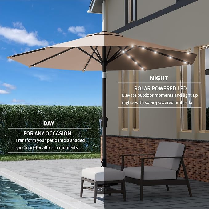 9FT Patio Umbrella with Solar Lights, Outdoor Market Umbrella with Tilt and - Image 3