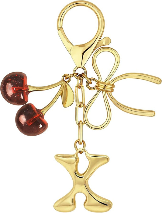 Gold Bubble Heart, Cherry, Bow & More Designs Letter Initial Keychain Bag Charms – Cute Purse Charms for Handbags