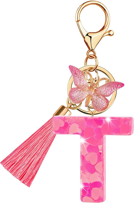 Suweibuke Colourful Cute Initial Letter Keychains for Women Girls with Tassel Butterfly, Charm for Purse Handbags Backpacks