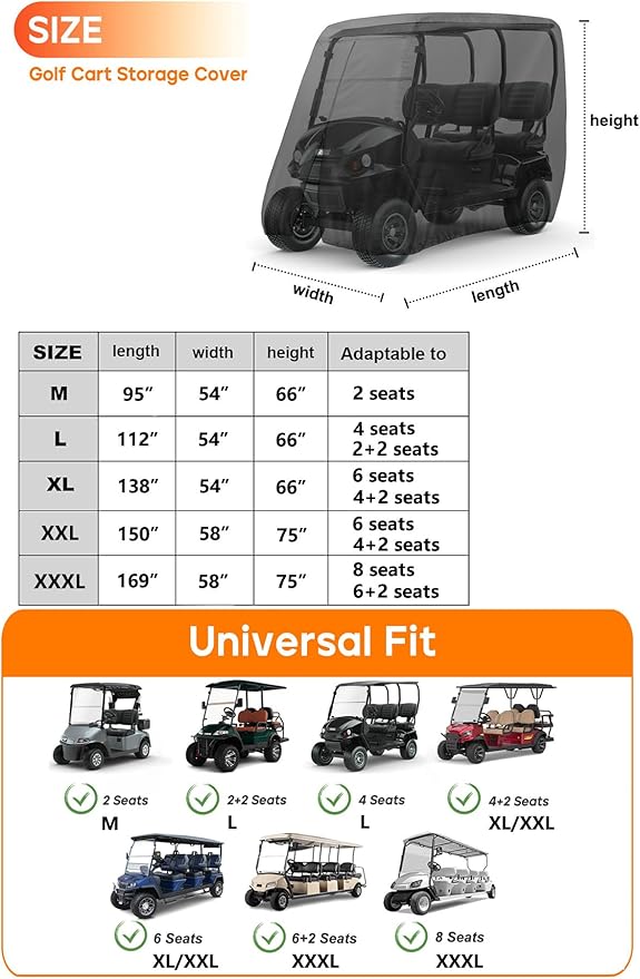 Golf Cart Cover 6 Passenger Heavy Duty, 420D Waterproof Golf Cart Covers Extended Roof Compatible with EZ GO Club Car Yamaha Golf Carts, Outdoor Dustproof 6 Seat Club Car Cover (Up to 150 Inch)