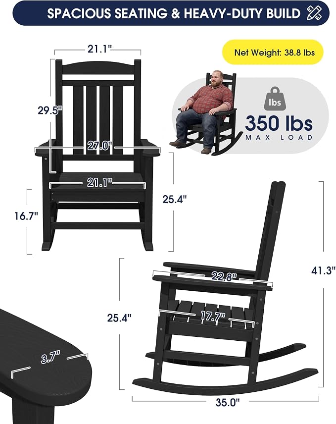 Oversized Outdoor Rocking Chairs Set of 6, HDPE Porch Rocker - Image 2