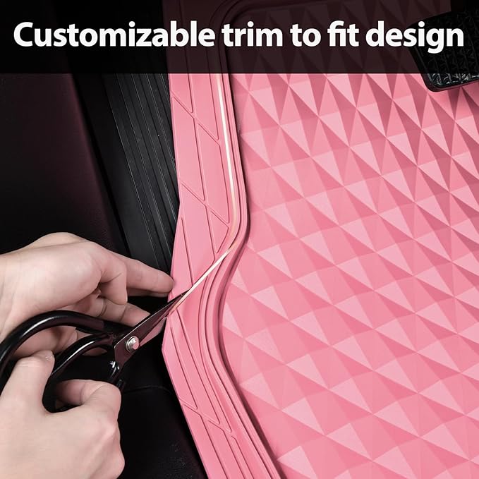 CAR PASS Heavy Duty Rubber Pink Car Floor Mats & Cargo Liners, Deep Dish All-Weather Trunk Mats Durable Anti-Slip 3D Rhombus Waterproof Trim to Fit Liner Universal Fit Auto,Sedan,SUV,Truck, Pink