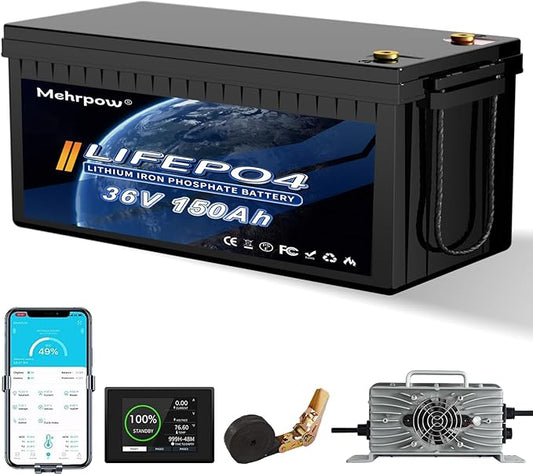 36V 150Ah LiFePO4 battery, built-in Bluetooth 200A BMS and LCD display, IP65 waterproof and dustproof, equipped with 43.8V 25A lithium battery charger, peak current 1000A (36V 105Ah)