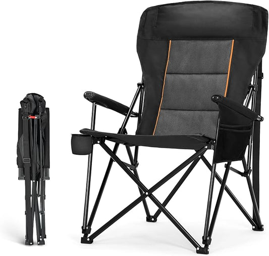 HIGH POINT SPORTS Oversized Folding Camping Chairs for Adults, High Backrest Heavy Duty Lawn Chairs Support 500 LBS Portable Collapsible Camp Chairs with Cup Holders,Side Pocket, Black