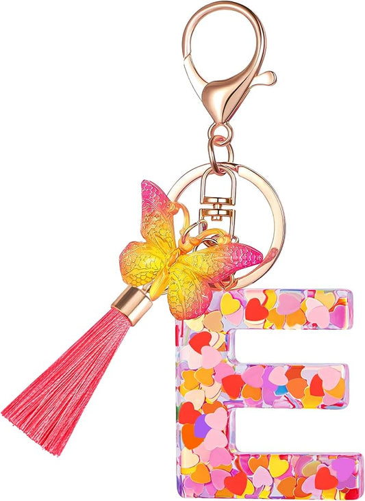 Suweibuke Colourful Cute Initial Letter Keychains for Women Girls with Tassel Butterfly, Charm for Purse Handbags Backpacks