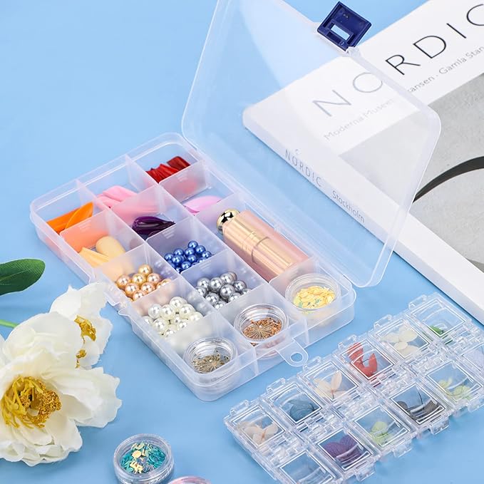Rhinestone Organizer Storage Box, 4PCS 15-Grid Small Clear Plastic Jewelry Case, Empty Container Dividers for Nail Art Craft Accessory, Display Holder for Fishing Tackle, Bead, Charms, Sewing