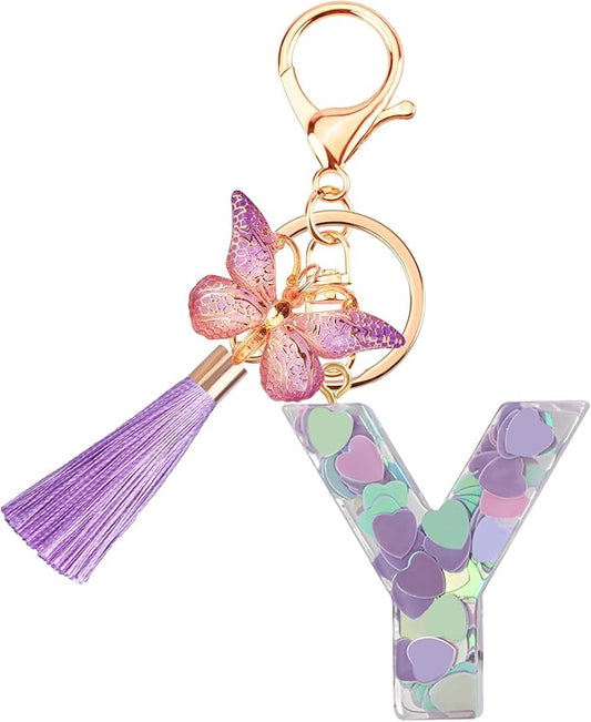 Suweibuke Colourful Cute Initial Letter Keychains for Women Girls with Tassel Butterfly, Charm for Purse Handbags Backpacks