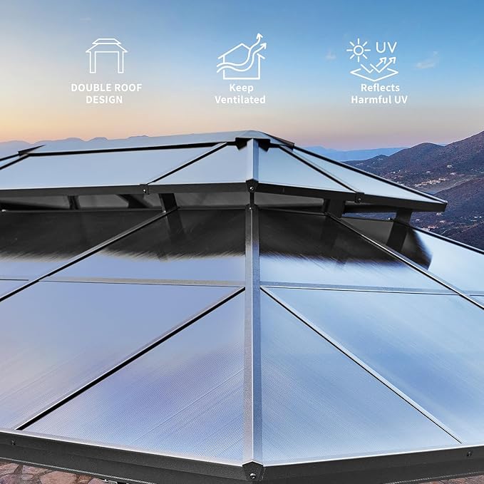 12'x16' Hardtop Gazebo, Outdoor Polycarbonate Double Roof Canopy, Aluminum - Image 4