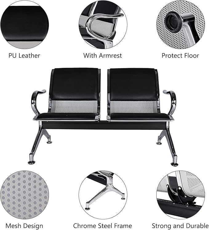 Kinfant Waiting Room Chairs - Reception Guest Bench for Airport Hospital Bank Salon Barber (PU-Black)
