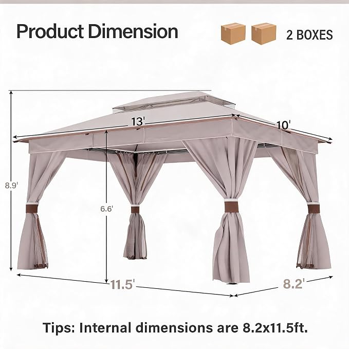 10'x13' Outdoor Gazebo, Metal Frame Heavy Duty Patio Canopy Tent Shelter - Image 2