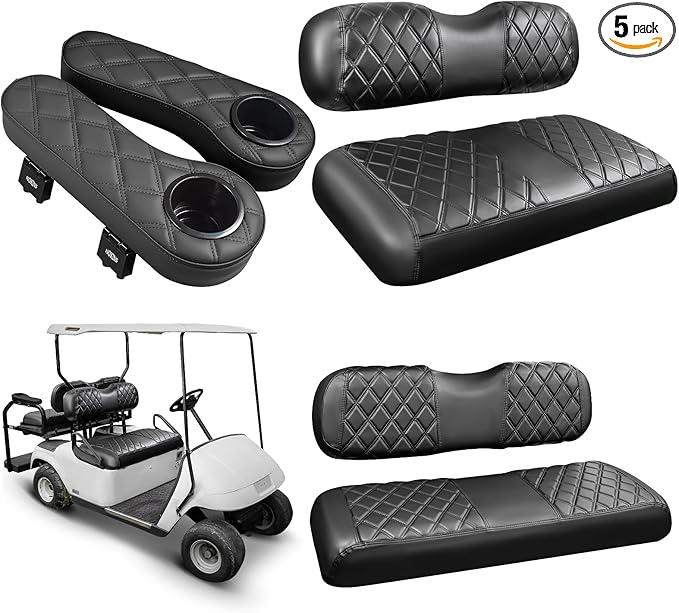 NOKINS Golf Cart Seat Covers for EZGO TXT 1994-2013/EZGO RXV, Vinyl Front&Rear Seat Cover with Flip-Up Armrests kit, with Cup Holder, for 1" Square Tube (Black&Black Stitching)