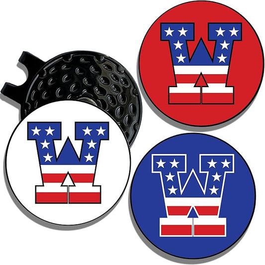 Wolf Golf Towels Golf Ball Marker Hat Clip | USA Monogram | 1 Magnetic Clip + 3 Ball Markers | Patriotic Golf Accessories for Men & Women