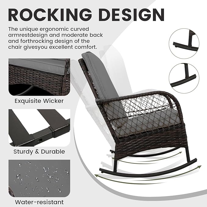 3 pcs Rocking Bistro Set Conversation Chairs PE Wicker Outdoor Rocking Chairs & - Image 4