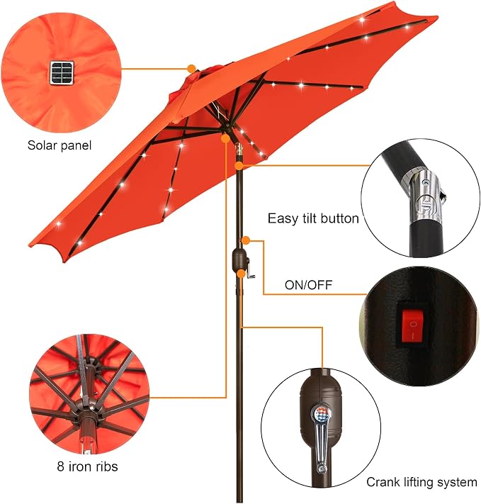9 ft Solar Umbrella, 32 LED Lighted Patio Umbrella, Table Market Umbrella - Image 2
