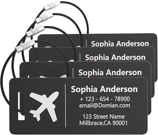 4 Pack Personalized Luggage Tags, Custom Engraved Aluminum Luggage Tags with Your Personalized Text, Waterproof Metal Name Tags with Steel Loop for Bags, Suitcase, Baggage, Backpack (Black, Small)