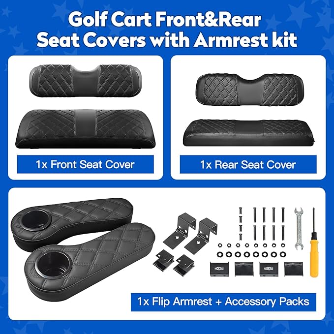 NOKINS Golf Cart Seat Covers for EZGO TXT 1994-2013/EZGO RXV, Vinyl Front&Rear Seat Cover with Flip-Up Armrests kit, with Cup Holder, for 1" Square Tube (Black&Black Stitching)