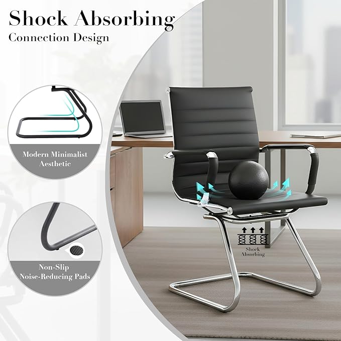 CIMOTA Waiting Room Chairs Leather Office Guest Chair Mid Back Reception Chairs with Sled Base for Meeting/Patient/Conference Room, Black Set of 4