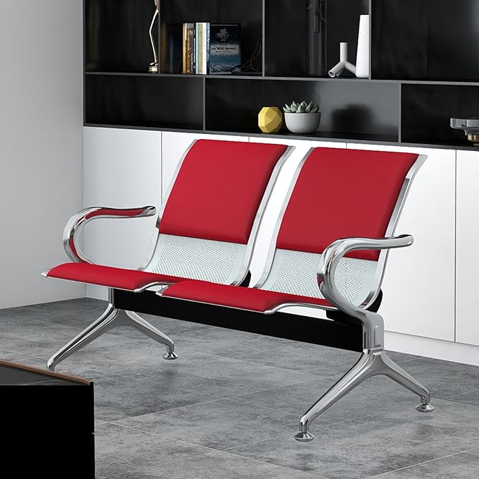 Kinfant 2-Seat PU Leather Waiting Room Bench – Red Reception Chair for Office, Hospital, Bank, Salon, Airport