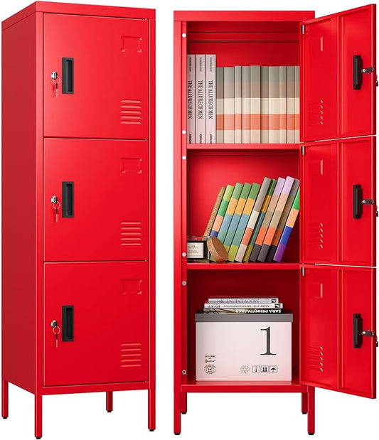 Aobabo 16" W 3 Door Metal Storage Locker with Lock, 47" H Steel Locker with Name Card Holder and Metal Leg for School, Home, Office, Playroom, Assembly Required, Red