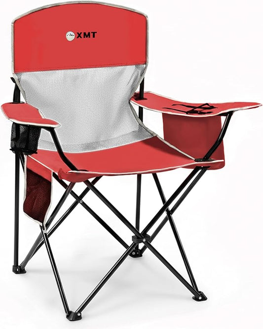 Portable Outdoor Folding Chair with Cup Holder & Cooler Bag - Breathable Mesh, Wide Armrests, Ergonomic Design for Camping, Beach, Backyard - Includes Storage Bag & Bottle Opener (Black/Green/Red)