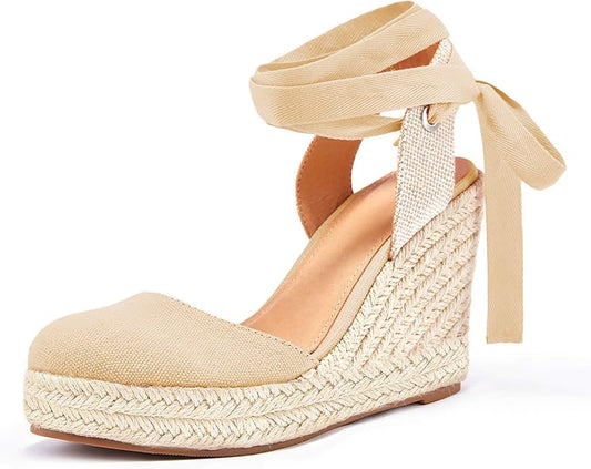 FISACE Womens Summer Espadrille Heel Platform Wedge Sandals Ankle Buckle Strap Closed Toe Shoes