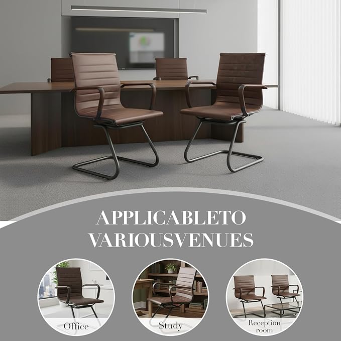 CIMOTA Waiting Room Chairs Set of 8 Leather Office Guest Chair Mid Back Reception Chairs with Sled Base for Meeting/Patient/Conference Room, Retro Brown, 8PCS