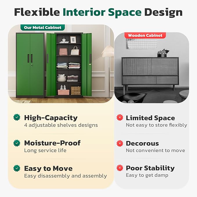 Greenvelly Metal Pantry Cabinet, 63”Tall Kitchen Pantry Storage Cabinets with 2 Lock Doors and 4 Adjustable Shelves for Home Office, Dinning Room,Garage(Black Green)