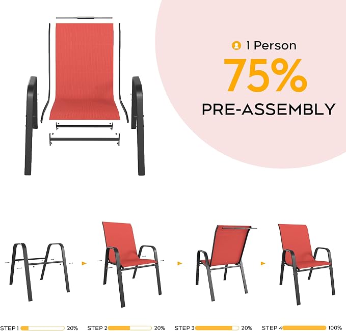 Red Patio Chairs Set of 4, Stackable Outdoor Dining Chairs - Image 5
