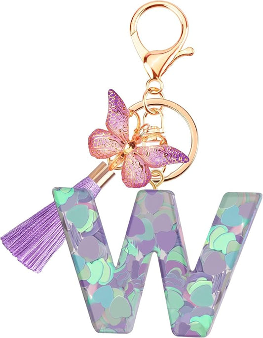 Suweibuke Colourful Cute Initial Letter Keychains for Women Girls with Tassel Butterfly, Charm for Purse Handbags Backpacks