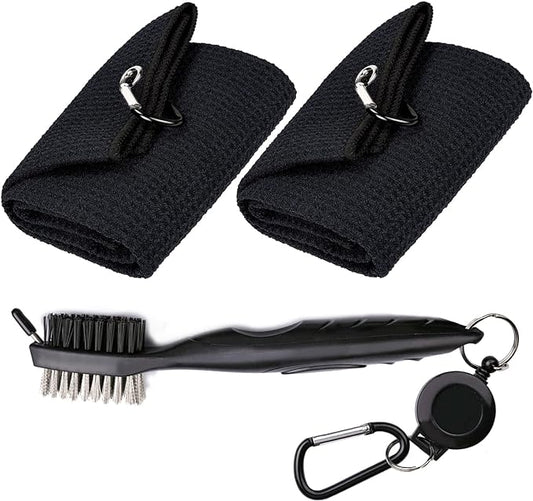 Golf Towels, Microfiber Waffle Pattern Tri-fold Golf Towel - Brush Tool Kit with Club Groove Cleaner, with Clip Men Women Golf Gifts (2 Black Towel+Black Brush)