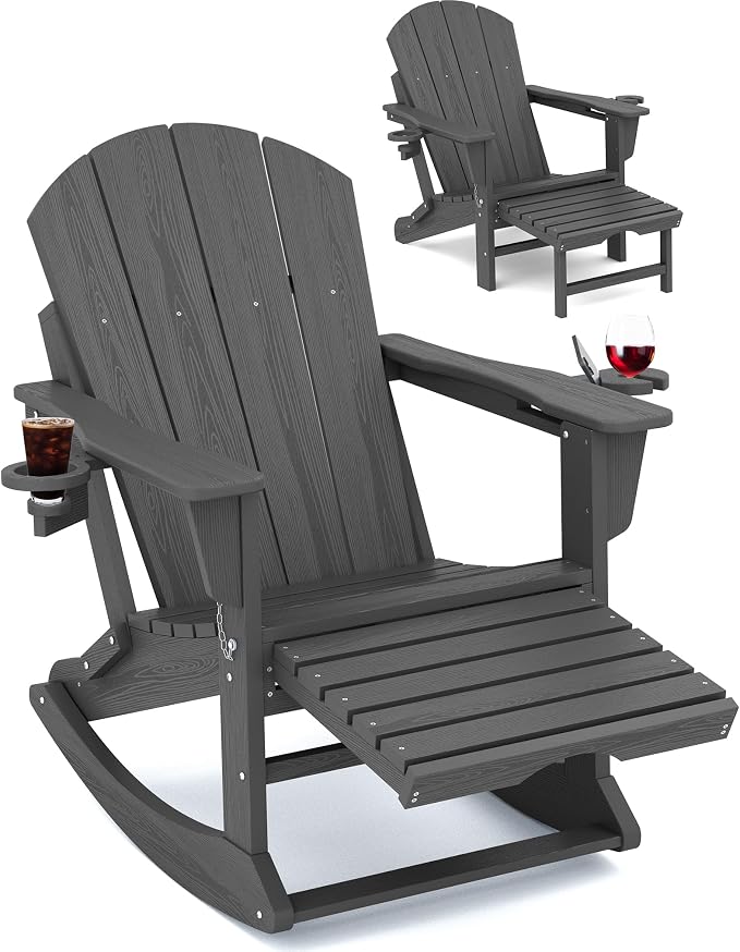 Adirondack Rocking Chair with Ottoman and Cup Holders | HDPE Porch Rocker by KINGYES