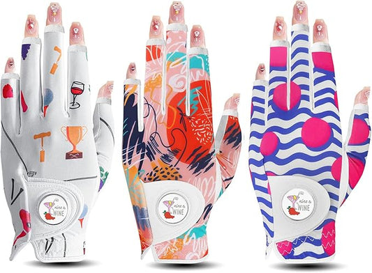 Golf Gloves Women with Ball Marker 2 Pack, Right Handed Golfer Left Hand, Ladies Breathable Soft All Weather Grip Glove Fit Size Small Medium Large XL