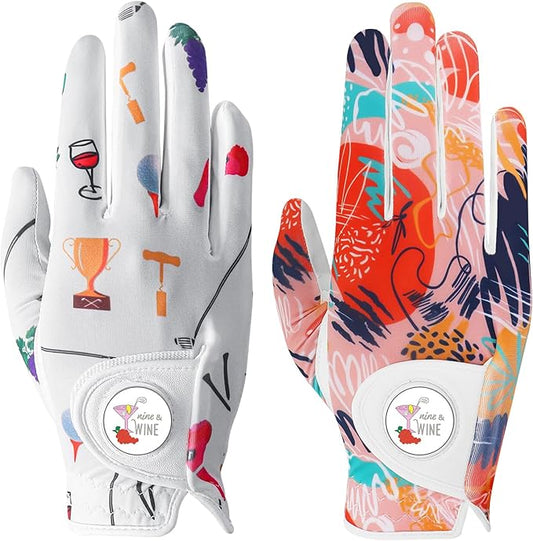 Golf Gloves Women with Ball Marker 2 Pack, Right Handed Golfer Left Hand, Ladies Breathable Soft All Weather Grip Glove Fit Size Small Medium Large XL