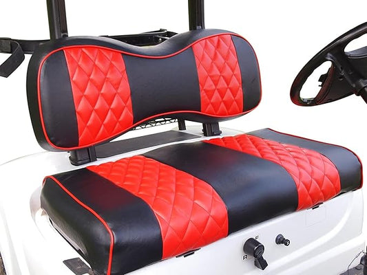 Huskey 2PCS Golf Cart Front Seat Covers for EZGO RXV 2008-UP G&E Models Custom Two-Tone Black/Red Diamond Stitching with Red Piping, Marine Grade Vinyl Material, Staple on Design