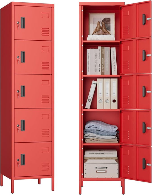 Aobabo 16" W 5 Door Metal Storage Locker with Lock, 66" H Steel Locker with Name Card Holder and Metal Leg for School, Home, Office, Playroom, Assembly Required, Red