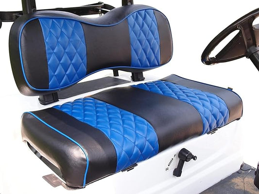 Huskey 2PCS Golf Cart Front Seat Covers for EZGO Medalist/TXT 94-13 Custom Two-Tone Black/Blue Diamond Stitching with Blue Piping, Marine Grade Vinyl Material, Staple on Design