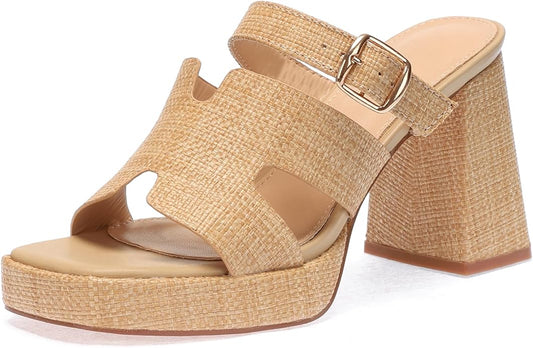 Monrovia Womens Sandals Heels for Women Slide On Block Chunky Platform High Heels Open Toe Raffia Wedge Sandals
