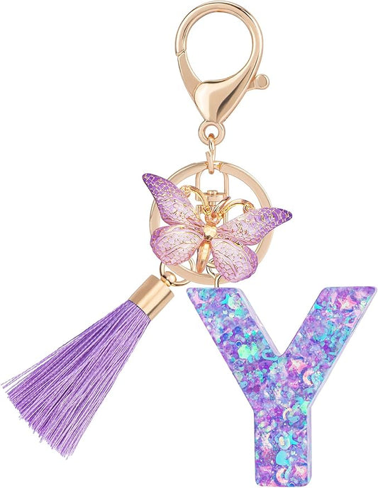 Suweibuke Colourful Cute Initial Letter Keychains for Women Girls with Tassel Butterfly, Charm for Purse Handbags Backpacks