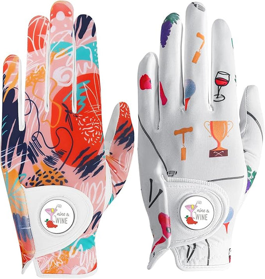 Golf Gloves Women with Ball Marker 2 Pack, Right Handed Golfer Left Hand, Ladies Breathable Soft All Weather Grip Glove Fit Size Small Medium Large XL