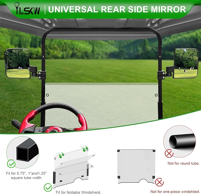 No Drilling Golf Cart Side Mirrors with Built-In Reflector, Universal Rear View Mirrors for 0.75"/1"/1.25" Square Strut Fits Ezgo,Club car,Yamaha Cart with 180 Degree Rotation HD Glass