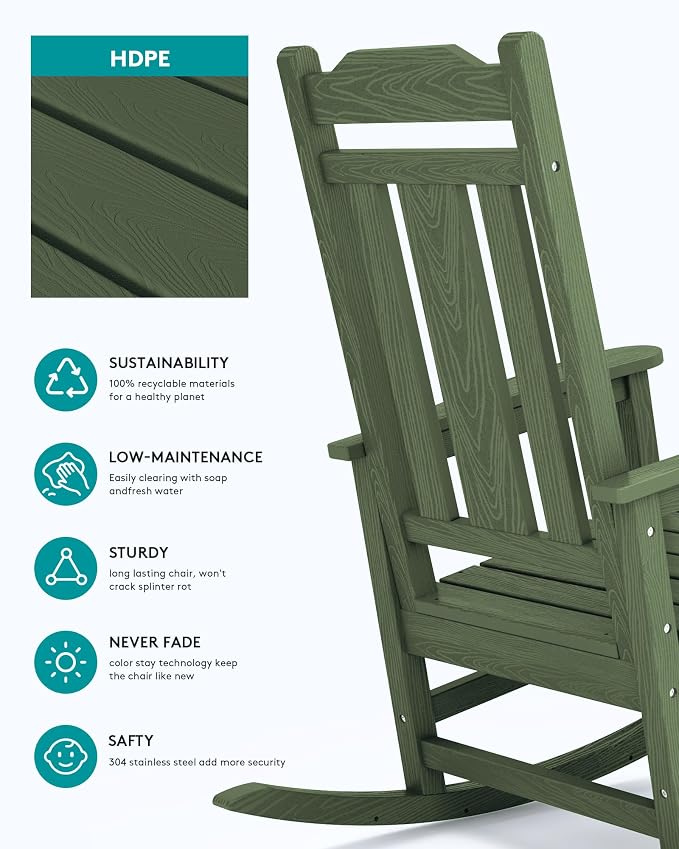 SERWALL Oversized Outdoor Rocking Chairs Set of 4, Patio Rocker, Avocado | - Image 7