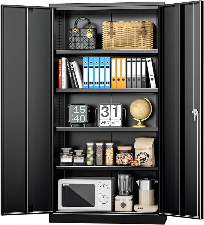 INTERGREAT Black Metal Storage Cabinet Doors, 72" Locking Steel Storage Cabinet with Shelves, Tall Metal Cabinet Lockable Steel Cabinets for Home Office, Garage