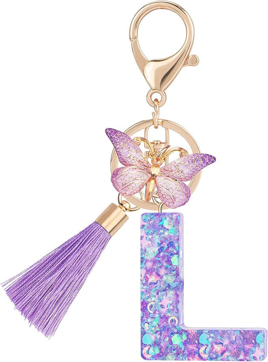 Suweibuke Colourful Cute Initial Letter Keychains for Women Girls with Tassel Butterfly, Charm for Purse Handbags Backpacks